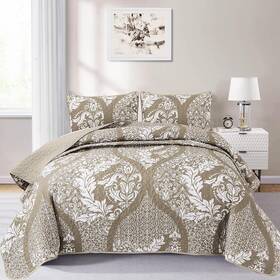 Djy 726084223820 Beige Quilt Set King Size Boho Damask Tan Bedspread Coverlet Soft Lightweig
