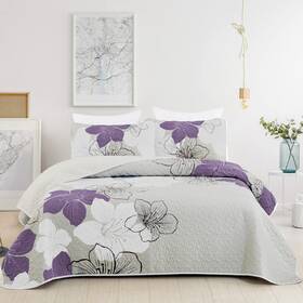 Hu-xi-196 Djy 3 Pieces Quilt Set California King Purple Floral Pattern Coverlet E