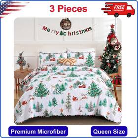 70831185 Dobuyly Christmas Quilt Set Queen Size Xmas Tree Reindeer Bedspreads Reversible 3 Piece