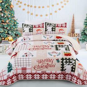 Dobuyly 711181534429 Christmas Quilt Set King Tree Snowman Reindeer Pattern Bedding