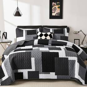 Dobuyly 726084682863 Grey Black Quilt Set King Size White Geometric Wi