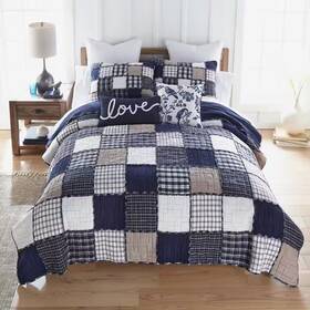 Donna Sharp 445031611604 Checkerboard Indigo 3-pieces Blue And Beige Cotton Queen Quilt Set