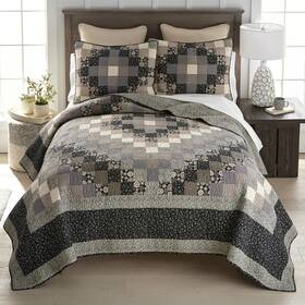 51700 Donna Sharp Lexington Trip Black Beige Olive Cotton Twin 2 Pc Quilt Set