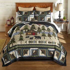 63970 Donna Sharp Forest Hill Bear Family Wilderness Cabin Queen 3 Pc Quilt Set