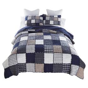 Donna Sharp 754069601080 Checkerboard Indigo Pieced Patchwork Quilt Bedding Set - 3-piece Queen Size Q