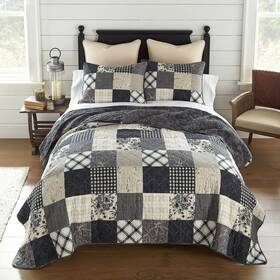 Q-pw-24q2-6202 Donna Sharp Augusta Patchwork Soft Black Ivory Cotton Queen 3pc Quilt Set