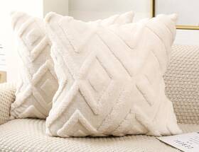 Drnou 735530521601 Set Of 2 Faux Fur Cream White Throw Pillow Covers 28x28 Soft Checkborad Patte