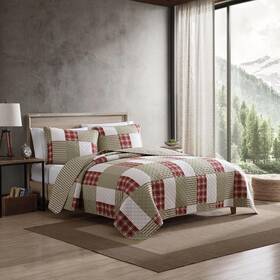 206694 Eddie Bauer King Size Quilt Set Cabin Lodge Red White Khaki Patchwork Plaid Design Ltwt 3pc