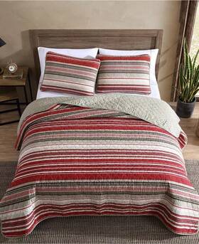 206699 Eddie Bauer Yakima Valley Red Stripe Reversible Quilt Set Full/queen New