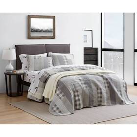 87533237 Eddie Bauer 3pc King Fairview Patchwork 100% Cotton Quilt Set Gray