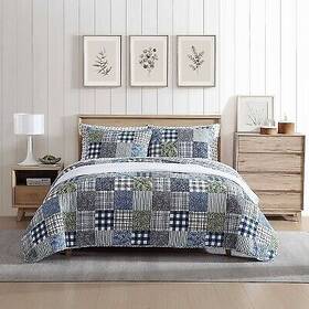 91266545 Eddie Bauer Full/queen Cozy Plaid Patchwork 100% Cotton Quilt Set Blue