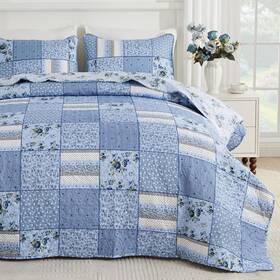 Enjohos 744110596687 128x120 California King Quilt Sets Oversized 3 Pcs Blue Plaid Floral