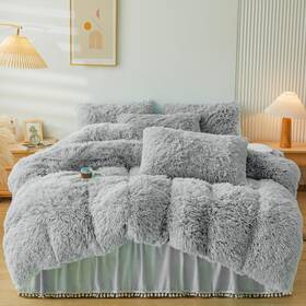 Erloxo 768572979529 Fluffy Grey Comforter Cover Set King Fuzzy Plush Bedding 3pcs