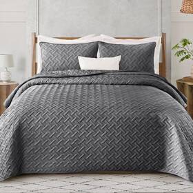 Qs-15wv-qdg Exclusivo Mezcla Soft Quilt Set Queen Full Size 3 Pieces Lightweight Quilts Grey Bedspreads C