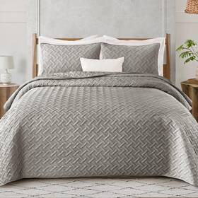 Qs-15wv-qlg Exclusivo Mezcla Soft Quilt Set Queen Full Size 3 Pieces Lightweight Quilts Light Grey Bedspr