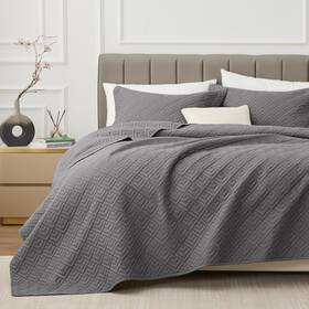 Exq Home 793707918678 Quilt Set Full Queen Size Grey 3 Piece Lightweight Soft Coverlet Squares Patt