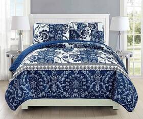 43551-33838 Fancy Linen Collection 3pc Quilted Bedspread King/california King Navy Blue White