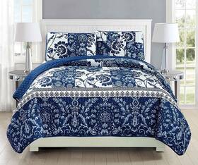 Fancy Linen 635309781888 Mk Collection 3pc Full/queen Bedspread Coverlet Set Quilted Floral White Navy Bl