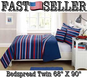 Fancy Linen 635309818881 3pc Twin Size Bedspread Striped Navy Blue Red