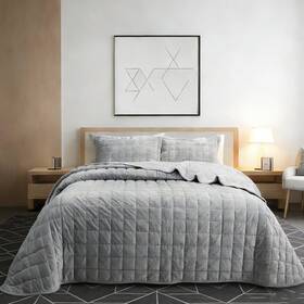 644q-grey-queen Ffqss Velvet Quilt Queen Size Luxury Soft Bedding Set Lightweight Cozy Warm