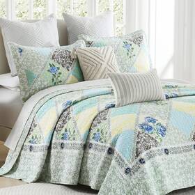 Finlonte 313034760773 Quilt Bedding Set Floral Real Patchwork Green Blue Farmhouse Plaid 100