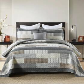 Finlonte 445042210285 Quilt King Size 100% Cotton Quilts Grey Black Brown Quilted B
