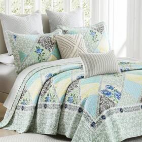 Finlonte 614166325930 Quilt King Size Bedding Set Floral Real Patchwork Green Blue Farmho