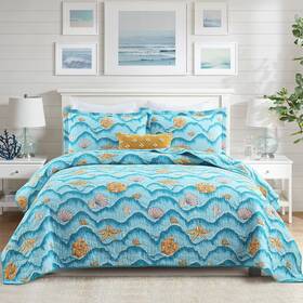 Finlonte 614166326678 Queen Quilt Set Cotton Lightweight Bedspread Blue Coastal Desi