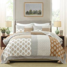 Finlonte 639393942040 King Size Quilt 100% Cotton Comforter Brown Grey Farmhou