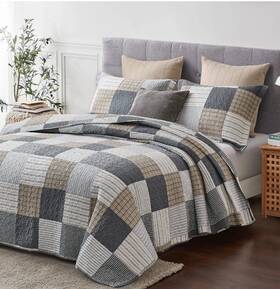 Finlonte 673311307122 King Size Quilt Set 100% Cotton Lightweight Grey Brown Farmhouse New