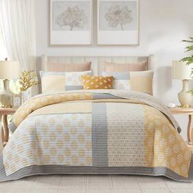 Finlonte 689911853433 Quilts Queen Size 100% Cotton Comforter Set Yellow Grey Farm