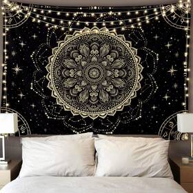 Fly Spray 755520868936 Black Golden Mandala Tapestry Astrology Space Wall Hanging Tapestri