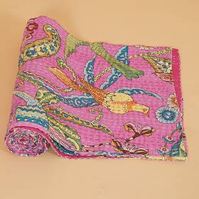 Flv001 Flyingasedgle Indian Handmade Peacock Print Hippie Large Cotton Kantha Bedspread Quilts