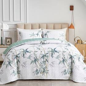 Flysheep 313048620681 Botanical Quilt Set 3 Pieces King Size Green Leaves Printed On White Reversible