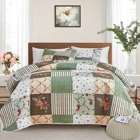 Flysheep 445023176142 Patchwork Quilt Set Full/queen Size 3 Pieces Green Floral Plaid Summer Bedsprea