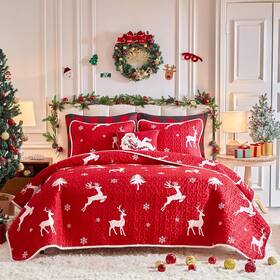 Flysheep 445024190147 Christmas Quilt Set 3 Pieces Queen Size White Deer And Snowflake On Red Xmas