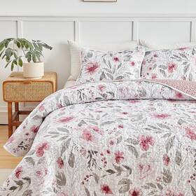 Flysheep 744759308559 Botanical Quilt Set King Size 3 Pieces Blush Pink And Grey Flowers Pri