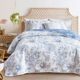 Flysheep 744759649775 Reversible Quilt Set Full Queen Size 3 Pieces White Blue Botanical Flo