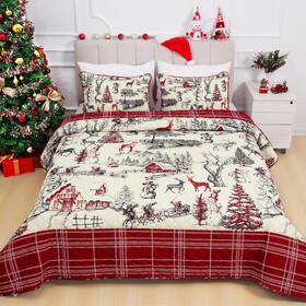Qs013-q Framics 3 Piece Christmas Reversible Quilt Set Queen Size Red Plaid Printed