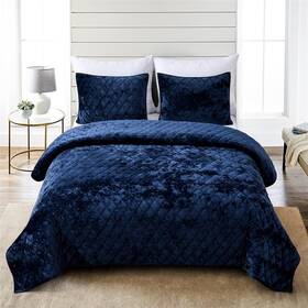 Fredsure 445006522539 Distressed Velvet Quilt Set 3 Pieces Navy Queen Fac