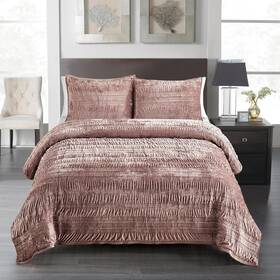 Hori1 Fredsure Distressed Velvet Quilt Set 3 Pieces Dusty Mauve Queen And