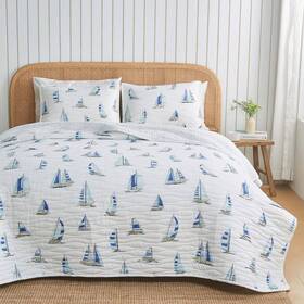 Freshfolds 744110395518 Blue Ultra-soft Coastal Printed Reversible Microfiber Quilt Set