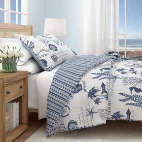 Gb90037 Freshfolds Nautical Coastal Quilt Set Full Queen Blue 3 Pcs Reversible Bedspread Microfiber