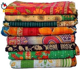 Gajanad Artistry 445031021045 4 Piece Handmade Indian Vintage Kantha Quilts Reversible Bohemian Home Decor Bla