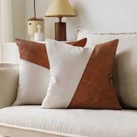Gege005b45-2p Gegelica Faux Leather Patchwork White Linen Throw Pillow Covers Modern Minimalist Farm