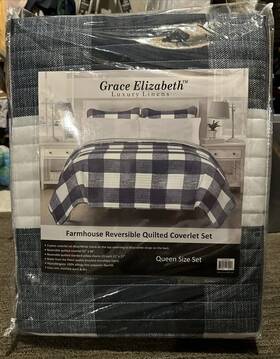 Grace Elizabeth 850040079418 3pc White And Blue Queen Farmhouse Reversible Quilted Coverlet Set
