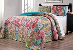 Grand Linen 039853710620 3-piece Oversize 100 X 95 Fine Printed Prewashed Boho Decor Quilt Set Rev