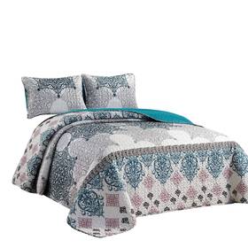 Grand Linen 843688107278 Grandlinen - 3-piece Pattern Printed King Size Teal Blue/grey Quilt Set Bedsp