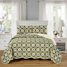 Q1163 Grand Linen 3-piece Queen Size Wave Edged Oversized Quilt Set 100 Inch X 106 All Sea
