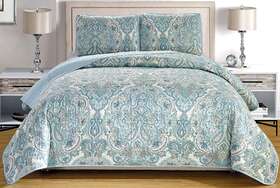 Qxl90054quilt Grand Linen 3-piece Fine Printed Oversize 100 Inch X 95 Quilt Set Reversible Bedspread Coverl